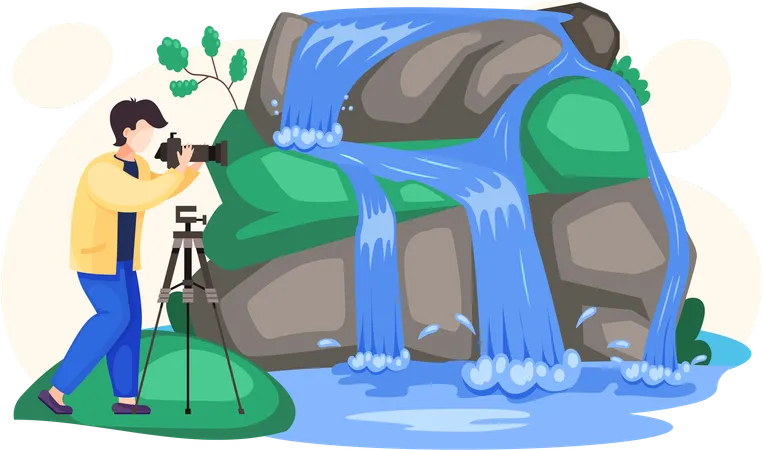 Male photographer taking photos of waterfall  Illustration