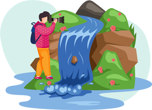 Male photographer taking photos of waterfall  Illustration