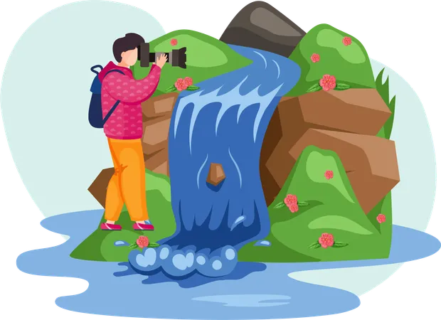 Male photographer taking photos of waterfall  Illustration