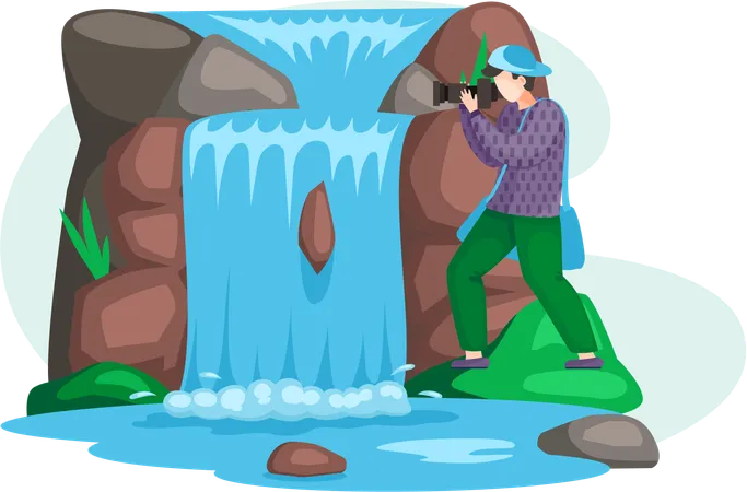 Male photographer taking photos of waterfall  Illustration