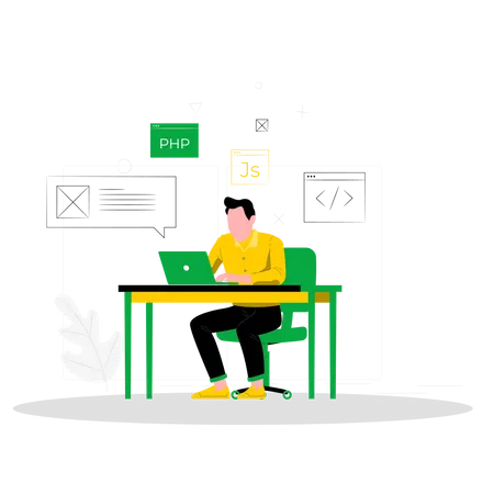 Male PHP developer working on desk  Illustration