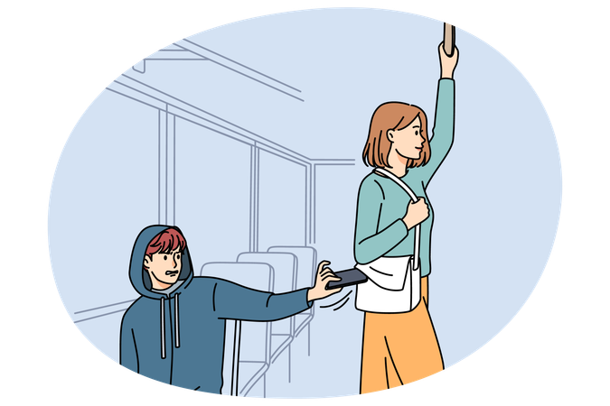 Male pickpocket stealing wallet from female passenger in metro  Illustration