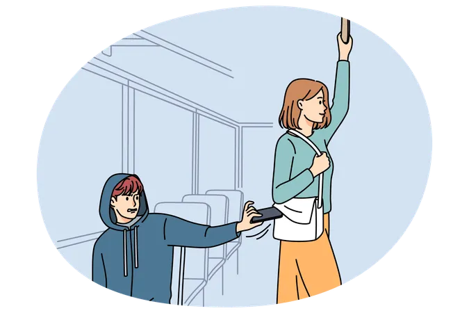 Male pickpocket stealing wallet from female passenger in metro  Illustration