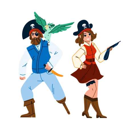 Man And Woman Pirate Standing Together Vector Bearded Guy With Parrot Bird On Shoulder And Woman With Weapon Gun Wearing Pirate Hat And Costume Characters Flat Cartoon Illustration Illustration