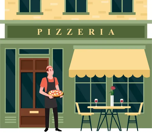 Male pizza chef welcoming customer to cafe  Illustration