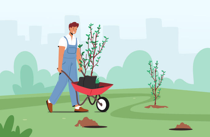 Male Planting Trees Seedlings To Soil In Garden  Illustration