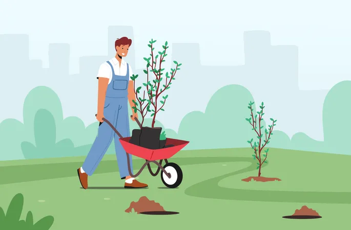 Male Planting Trees Seedlings To Soil In Garden  Illustration