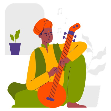 Male Play Sitar  Illustration