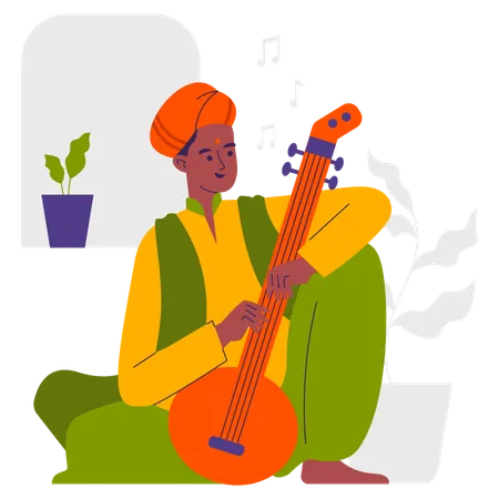 Male Play Sitar  Illustration