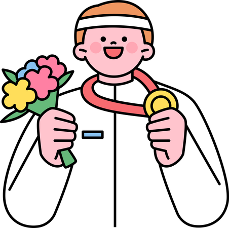 Male player holding medal and flower bouquet  Illustration