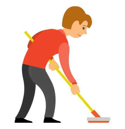 Person Playing Curling Using Special Bat Isolated Cartoon Character Vector Man Shuffleboard Player Athletic Male With Curling Broom Curler In Red Shirt Illustration