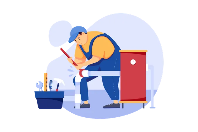 Male plumber fixing pipe Illustration