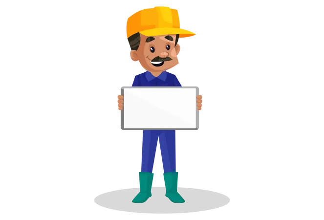 Male plumber holding blank board  イラスト