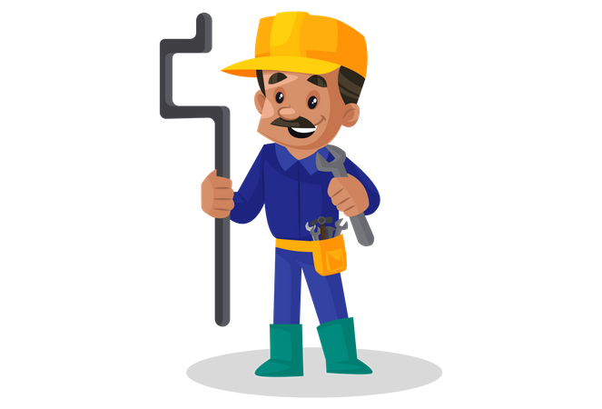 Male plumber holding pipe and wrench Illustration