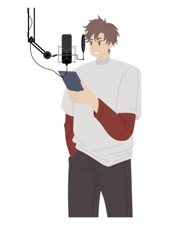 Male podcaster recording podcast  Illustration