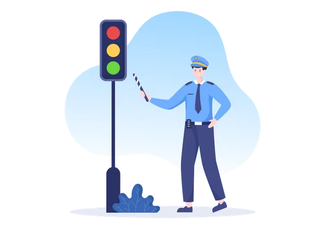Male Police Officer standing at signal Illustration