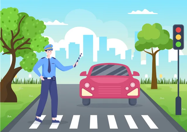 Male Police Officer stopping car Illustration