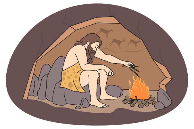 Male prehistoric person making fire during ancient ages  Illustration