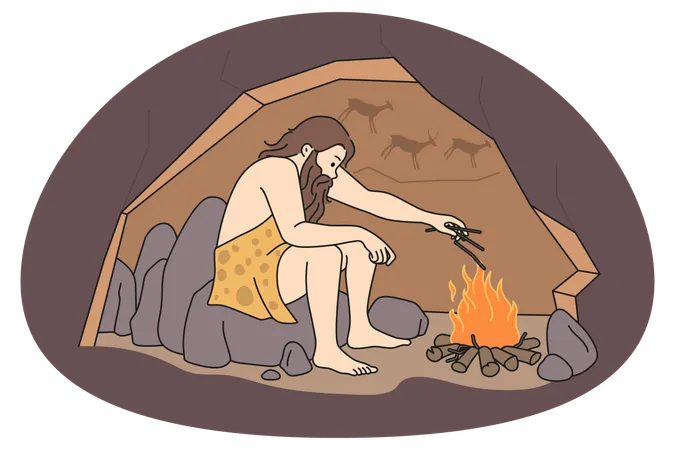 Male prehistoric person making fire during ancient ages  Illustration