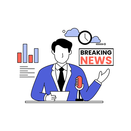 Male presenter delivers breaking financial news with world map and stock chart  Illustration