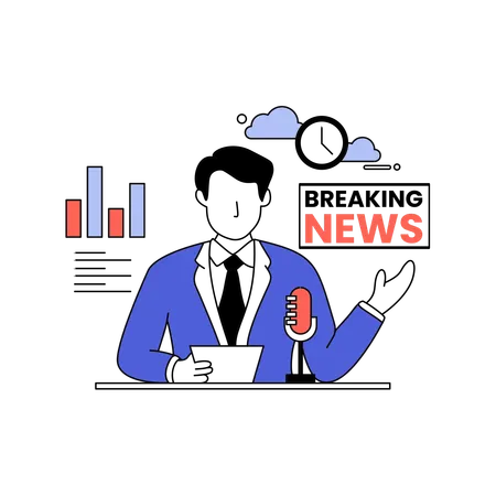 Male presenter delivers breaking financial news with world map and stock chart  Illustration