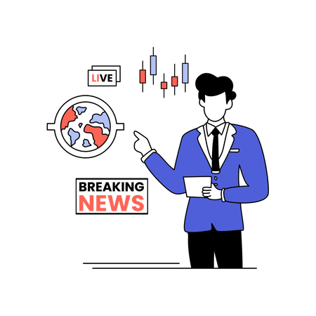 Male presenter delivers breaking financial news with world map and stock chart  Illustration