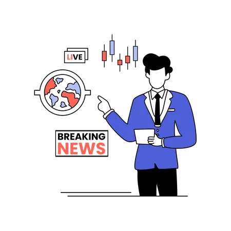 Male presenter delivers breaking financial news with world map and stock chart  Illustration