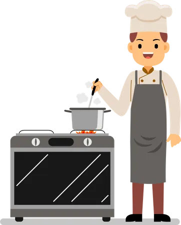 Male professional chef cooking food at the kitchen of the restaurant Illustration