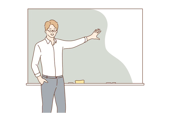 Education Training Explanation Lecture Concept Young Hapy Smiling Man Guy Student Teacher Lecturer Character Explaining Material On School Lesson Near Blackboard Educational Process At University Illustration