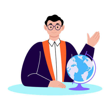 Male professor sitting with globe  Illustration