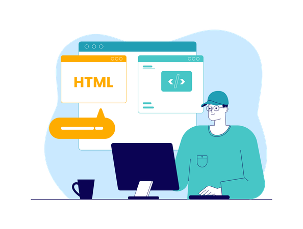 HTML 코딩을 하는 남성 프로그래머  일러스트레이션