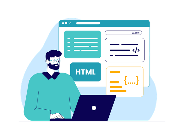 HTML コードを使用して Web プログラミングを行う男性プログラマー  イラスト