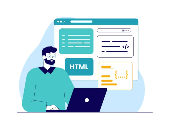 HTML コードを使用して Web プログラミングを行う男性プログラマー  イラスト