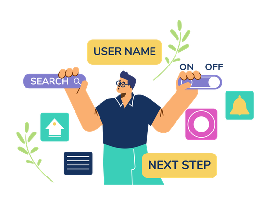 Male programmer doing website coding on augmented reality interface menu  Illustration