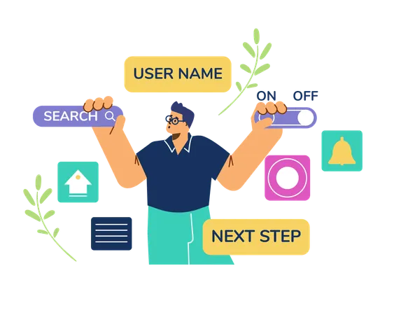 Male programmer doing website coding on augmented reality interface menu  Illustration