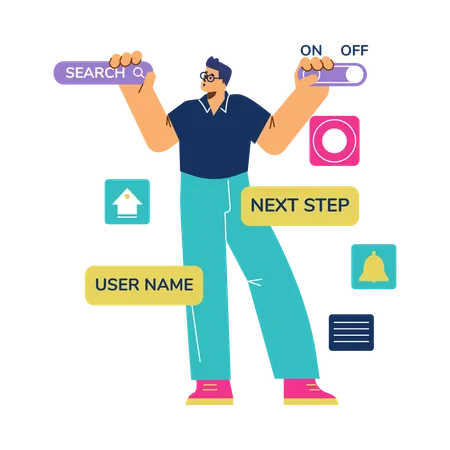 Male programmer doing website coding on augmented reality interface menu  Illustration