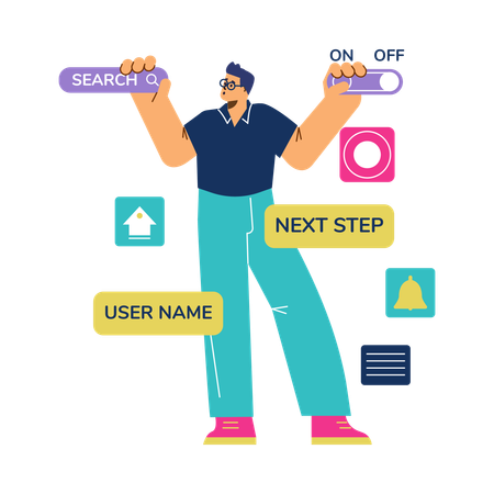 Male programmer doing website coding on augmented reality interface menu Illustration