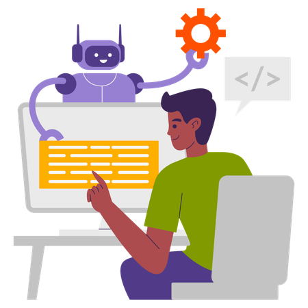 Male programmer using AI assistant for help  Illustration