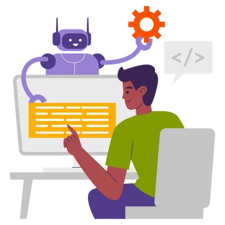 Male programmer using AI assistant for help  Illustration