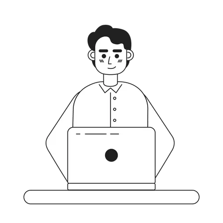 Pleasant Man Working On Laptop Monochromatic Flat Vector Character Linear Hand Drawn Sketch Editable Half Body Person Simple Black And White Spot Illustration For Web Graphic Design And Animation Illustration