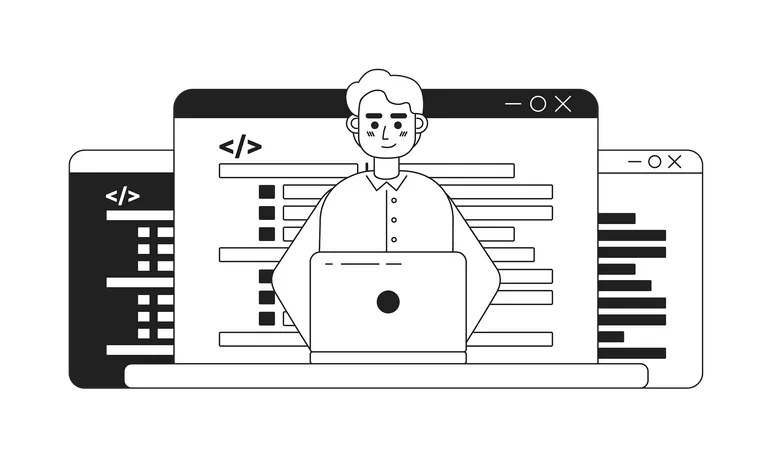 Coding Career Black And White Concept Vector Spot Illustration Editable 2 D Flat Monochrome Cartoon Character For Web Design Software Development Creative Line Art Idea For Website Mobile Blog Illustration
