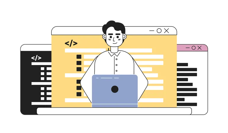 Male programmer working on laptop  Illustration