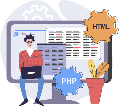 PHP と HTML のコーディングに取り組んでいる男性プログラマー  イラスト