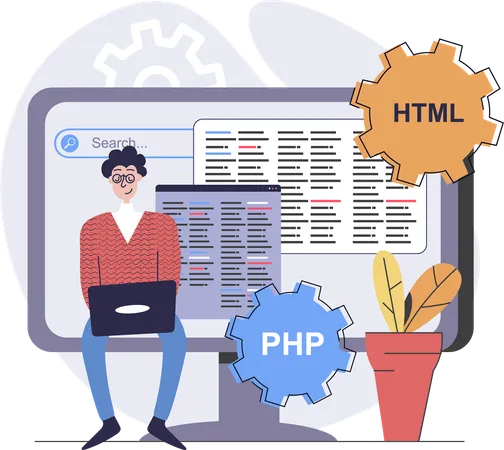 PHP と HTML のコーディングに取り組んでいる男性プログラマー  イラスト