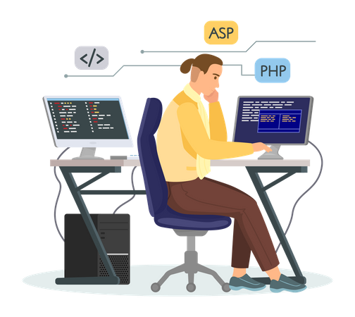 Male Programmer working on web development on computer Illustration