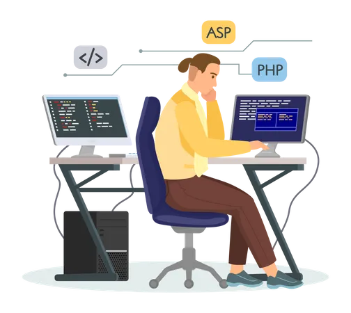 Office Worker Male Character Sitting At Table With Computer Programmer Writes Program Code Processes Data Concept Of Script Coding And Programming In Php Python Javascript Other Languages Illustration