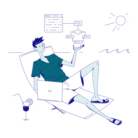 Male programmer works on the beach  イラスト