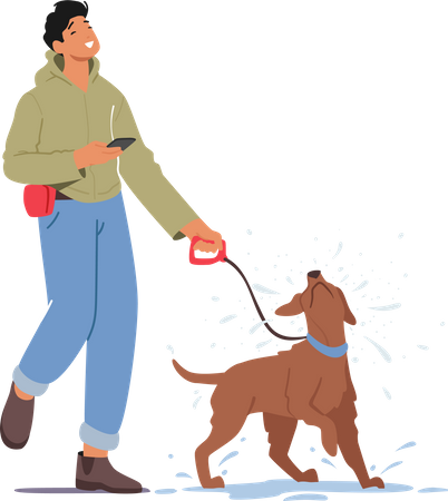 Un homme se promène avec un chien  Illustration