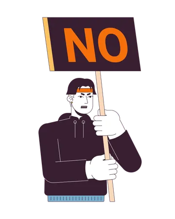 Male Protester Flat Line Color Vector Character Unhappy Asian Man Protesting Banner Editable Outline Full Body Person On White Simple Cartoon Spot Illustration For Web Graphic Design Illustration