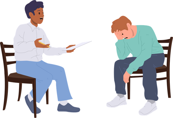 Male psychotherapist counseling man client with depression disorder during therapy session  Illustration